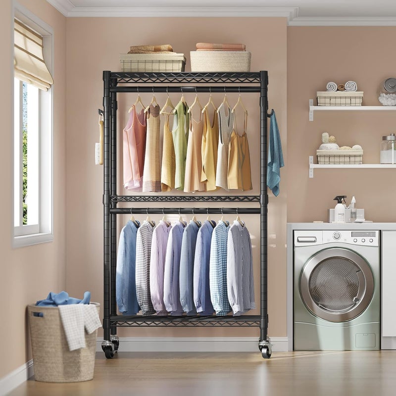 VIPEK R2 Medium Rolling Clothes Rack Heavy Duty Clothing Rack for Hanging Clothes Adjustable Metal Wire Shelving Portable Closet with Wheels Side Hooks, Freestanding Closet Wardrobe, Black - Image 3